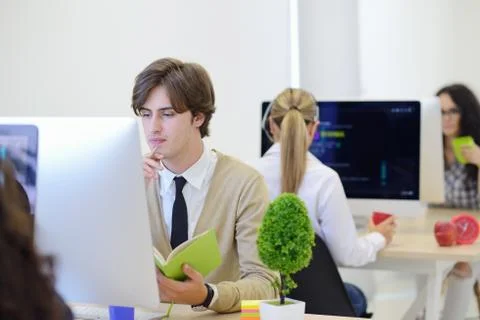 Startup business, software developer working on computer at modern office 库存照片