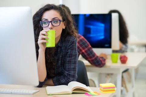 Startup business, software developer working on computer at modern office Stock Photos