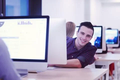 Startup business, software developer working on desktop computer Stock Photos