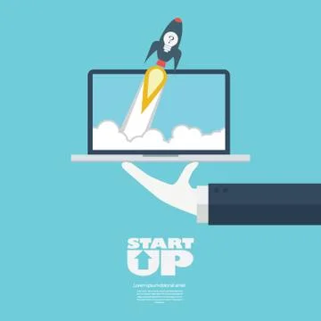 Startup business symbol rocket launch. Flying off a laptop on serving Stock Illustration
