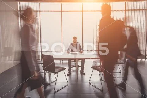 Startup business, young creative people group entering meeting room Stock Photos