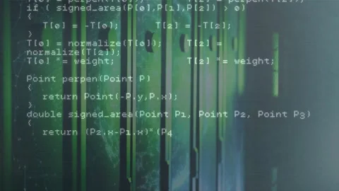 On startup C++ code scrolling over green bars background showing network, Stock Footage 313493085