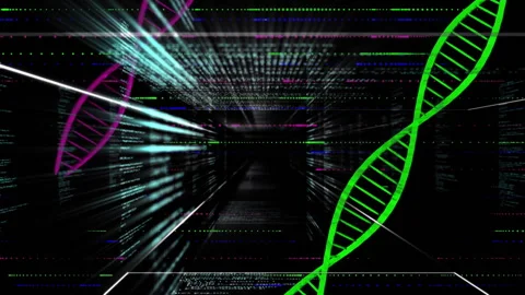 On startup camera moving in code tunnel with magenta green helices pulsing, Stock Footage 311140287