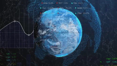 Startup causing 3D globe rotating while stock tickers updating charts animating Stock Footage 313617567