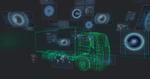 Startup causing wireframe truck appearing on grid, panels emerging and truck Stock Footage 320068808