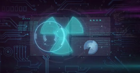On startup central hologram circle rotating, inner ring sweeping, panels Vidéo 329454384
