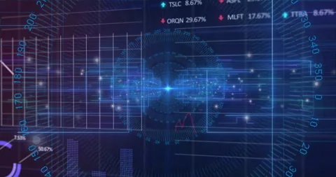 On startup central hub emitting data with bar charts rising, percentages Stock Footage 312915672