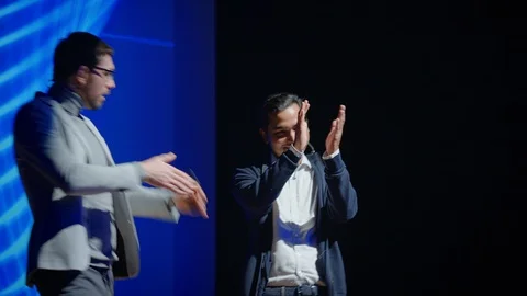 Startup CEO and Chief Developer Get on Stage and Present New Product. Video stock 122814827