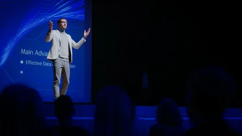 Startup CEO invites on Stage Software Develope Presents New Product Stock Footage 122813951