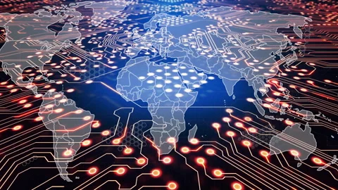On startup circuit-board emerging under world map with nodes pulsing visualizing Stock Footage 315542901