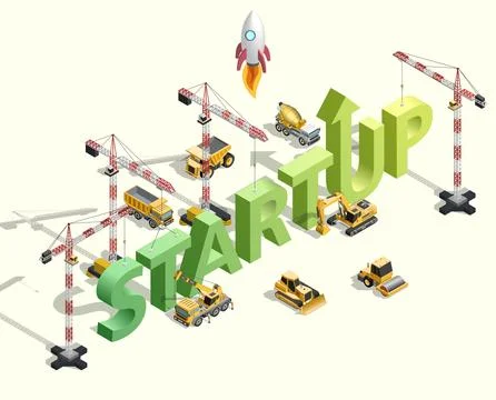 Startup concept with construction cranes building word startup and rocket l.. Stock Illustration