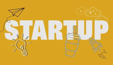Startup concept with creative illustrations on yellow background Stock Illustration