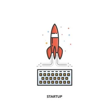 Startup concept design. Red rocket. Vector line design. Stock Illustration