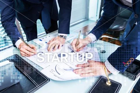 Startup concept with double exposure diagrams blurred background. Stock Photos