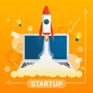 Startup concept with element vector on yellow background or banner Stock Illustration