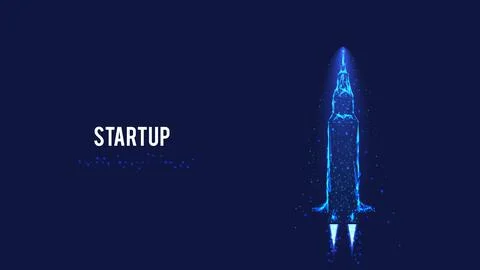 Startup concept. Flying rocket from triangles and luminous points. Background Stock Illustration
