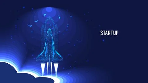 Startup concept. Flying Shuttle from triangles and luminous points. Backgroun Stock Illustration