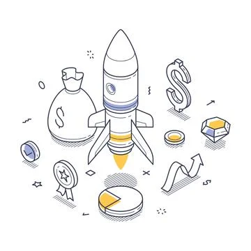 Startup concept line art. Rocket taking off surrounded by symbols of success  イラスト素材