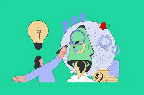 Startup concept in modern flat design for web. Woman brainstorming, launching Stock Illustration