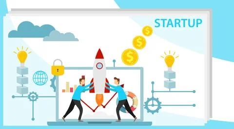 Startup concept. People are pushing up a rocket. Starting a business. Stock Illustration