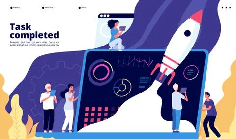 Startup concept. People launch spaceship rocket, start new project. Start-up app Stock Illustration