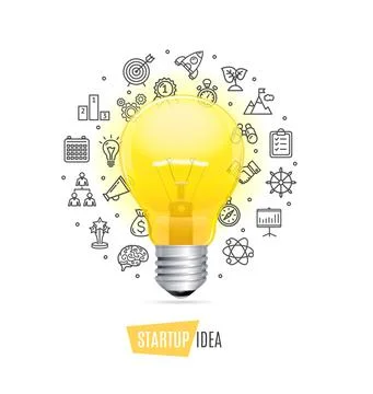 Startup Concept with Realistic Detailed 3d Lightbulb. Vector Illustrazione stock
