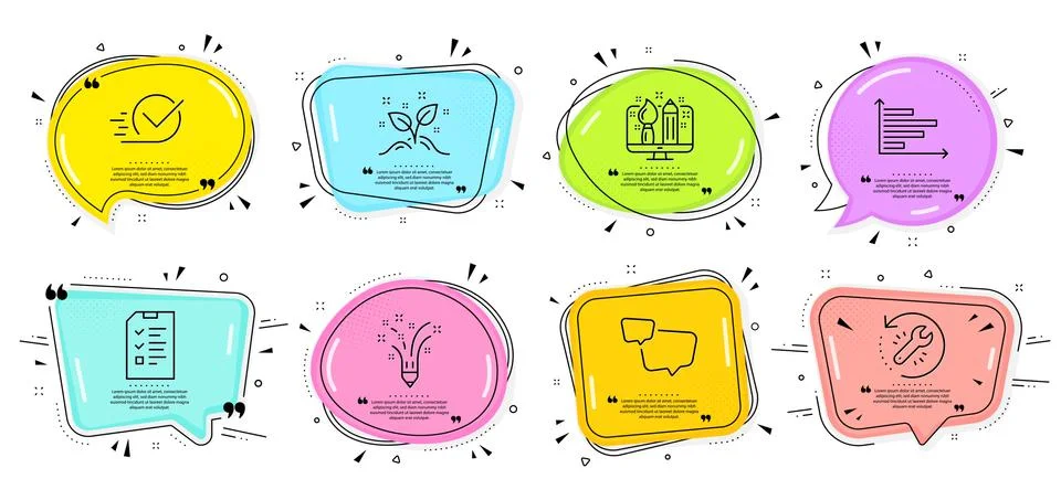 Startup concept, Speech bubble and Checkbox icons set. Horizontal chart Stock Illustration