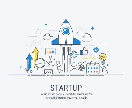 Startup concept with thin line flat modern design Stock Illustration