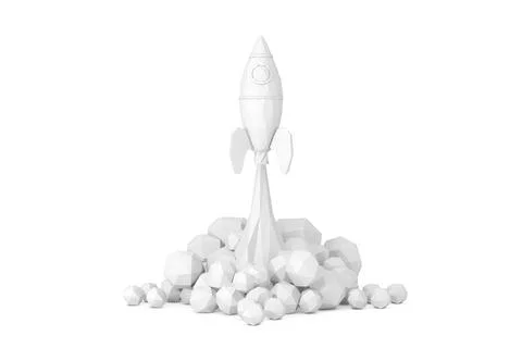 Startup Concept. Toy Rocket Takes Off Spewing Smoke in Low Poly Style. 3d Ren Stock Illustration