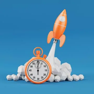 Startup Concept. Toy Rocket Takes Off Spewing Smoke with Stopwatch. 3d Rend.. Stock Illustration