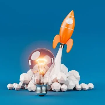 Startup Creative Idea Concept. Toy Rocket Takes Off Spewing Smoke with Crea.. Stock Illustration