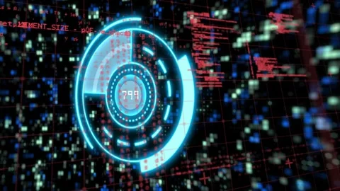 On startup cyan circular HUD rotating and pulsing, numeric readout changing, Stock Footage 328446378