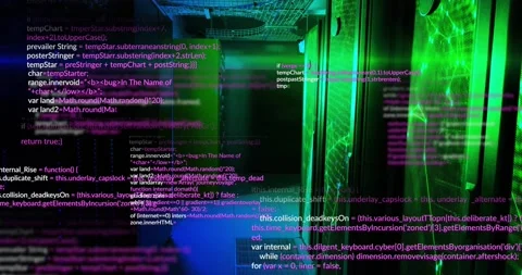 On startup data center corridor displaying cascading magenta code overlays Stock Footage 330772065