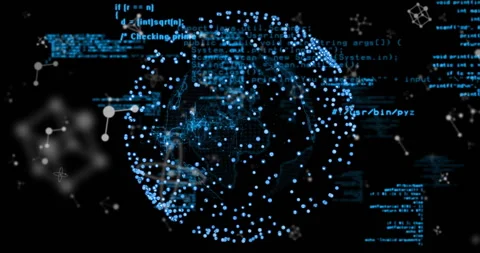 On startup data globe emerging rotating while code scrolling and shapes pulsing Stock Footage 309807990