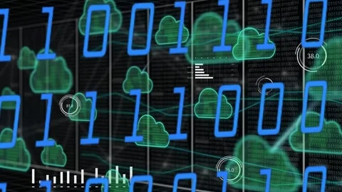 On startup data overlay growing over racks, clouds multiplying and linking, Stock Footage 334351935