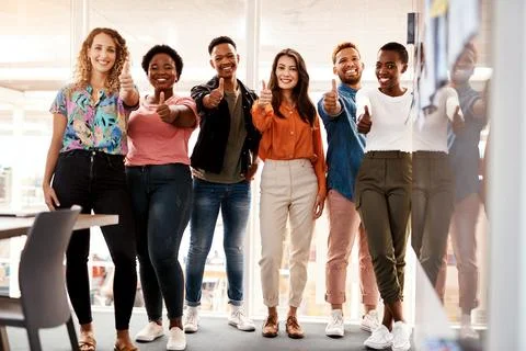 Startup, developers or portrait of people with thumbs up, proposal or diversity Stock Photos