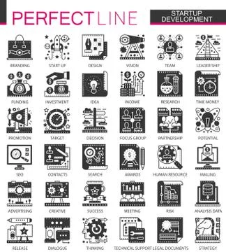 Startup development black mini concept icons and infographic symbols set Illustrazione stock