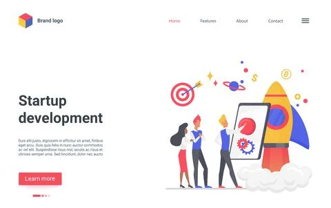 Startup development teamwork landing page, developer team work on success rocket Stock Illustration