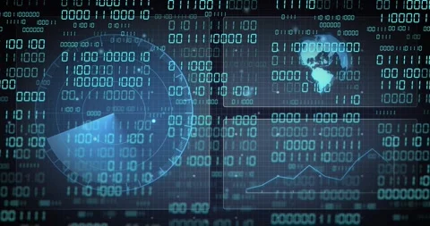 On startup digital HUD updating binary stream radar sweeping globe pulsing chart Stock Footage 328583983