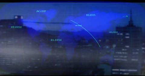On startup digital map projecting grid labels while animating arcs to visualize Stock Footage 314790465