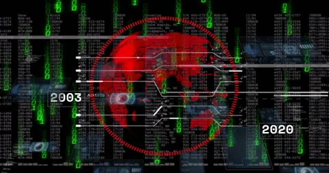 On startup digital red globe rotating, scanning labels across years to visualize Stock Footage 313639995