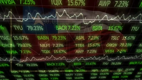 On startup, digital tickers and chart rising, dropping, star fading, visualizing Stock Footage 328457923