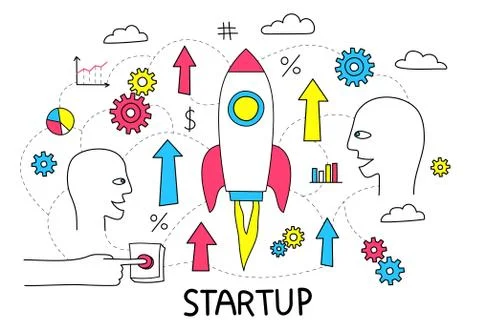 Startup doodle flowchart with a rocket taking off Illustrazione stock