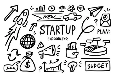 Startup doodle vector set. Sketch outline business strategy icons. Drawing Stock Illustration