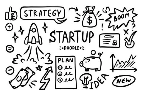 Startup doodle vector set. Sketch outline business strategy icons. Drawing Stock Illustration