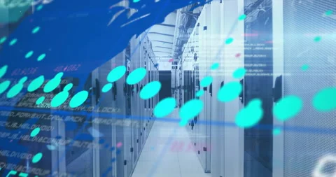 On startup dots drifting across server racks forming waveform as map fading Stock Footage 309721902