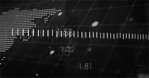 On startup dotted map emitting pulsing bars fading code text tracing line graph Stock Footage 312898229