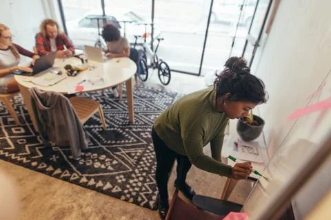 Startup employee writing project plan on board Foto stock