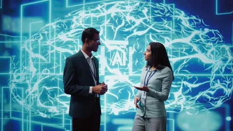 Startup employees using artificial intelligence to look at data Stock Footage 278626180