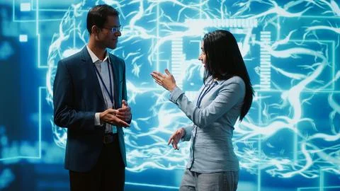 Startup employees using artificial intelligence to look at data 写真素材